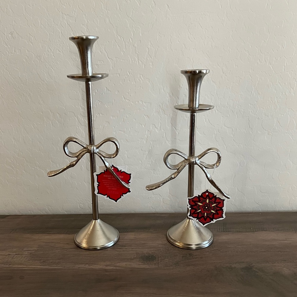 Silver Bow Shaped Metal Tapered Candle Holders Set of 2